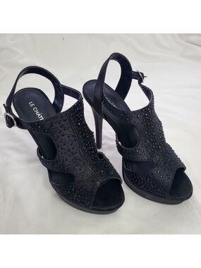 Le Chateau Black Satin Rhinestone Peep Toe Platform Heels Women's Size 7